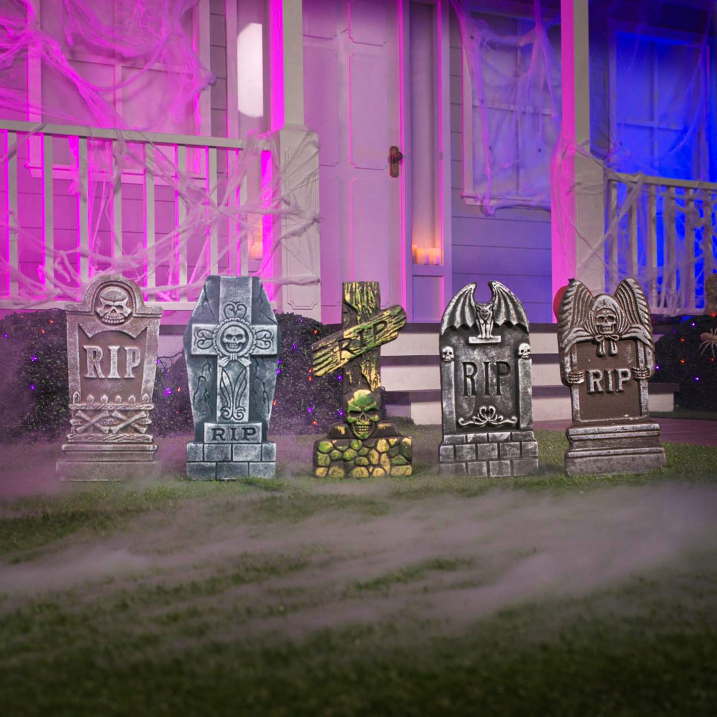 JOYIN 17” Halloween Foam RIP Graveyard Tombstones (5 Pack), Halloween Tombstones Outdoor Decorations for Graves Decorations with 12 Metal Stakes for Cemetery Yard Lawn Party Decor