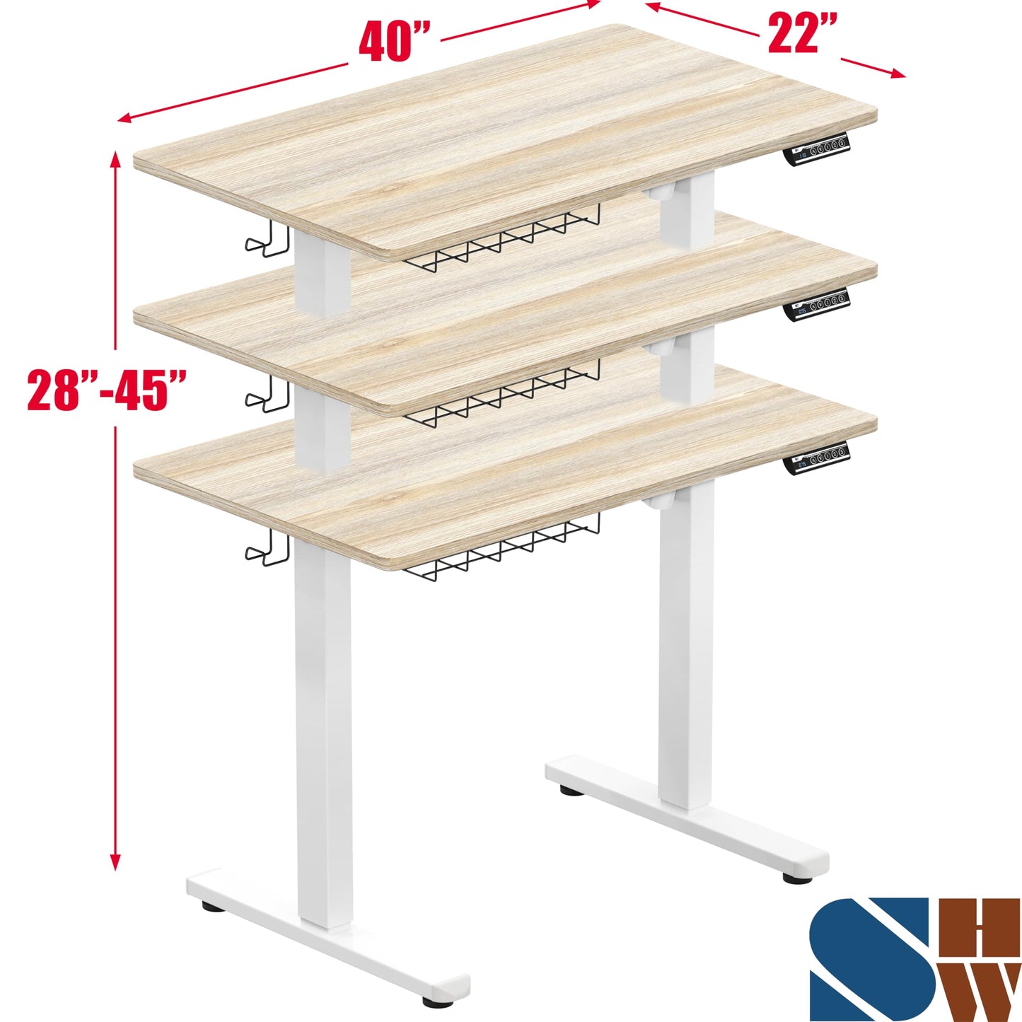 SHW 40 x 22 Inches Electric Height Adjustable Sit to Stand Desk with Hanging Hooks and Cable Management, White Frame and Maple Top