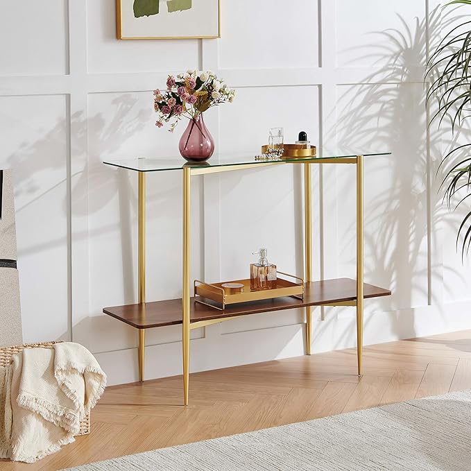 Pine Flicker Rectangle Glass Console Table, Mid-Century Modern Design, L41*W14*H32 inch, for Living Room, Clear Glass Top and Walnut Finish Wood Shelf, Conical Metal Legs with Gold Finish