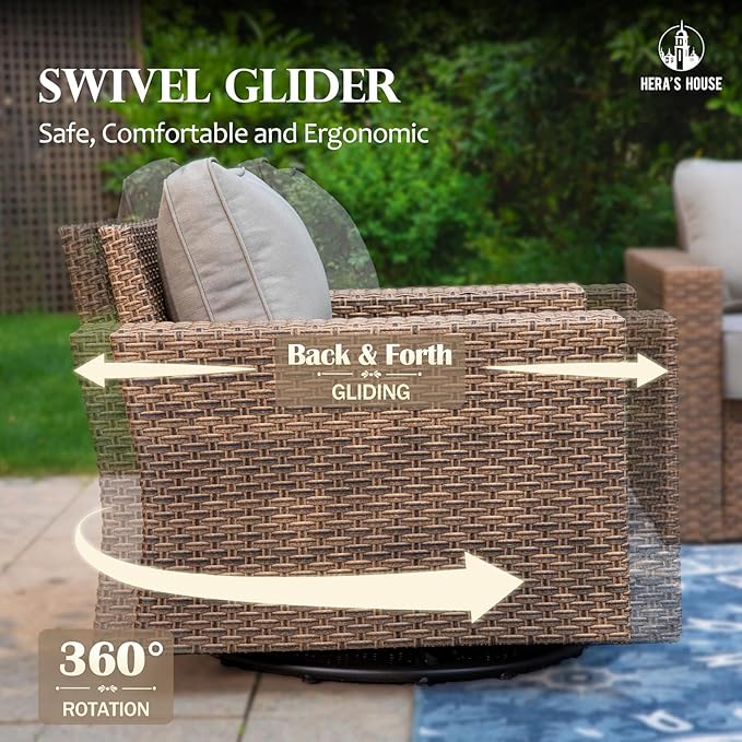 HERA'S HOUSE Swivel Glider Patio Furiture Set with 4.92" Wide Armrests, Outdoor Wicker Conversation with 5.5" Waterproof Cushions, 6 Pieces Outside Sofa Set for Deck Lawn, Grey