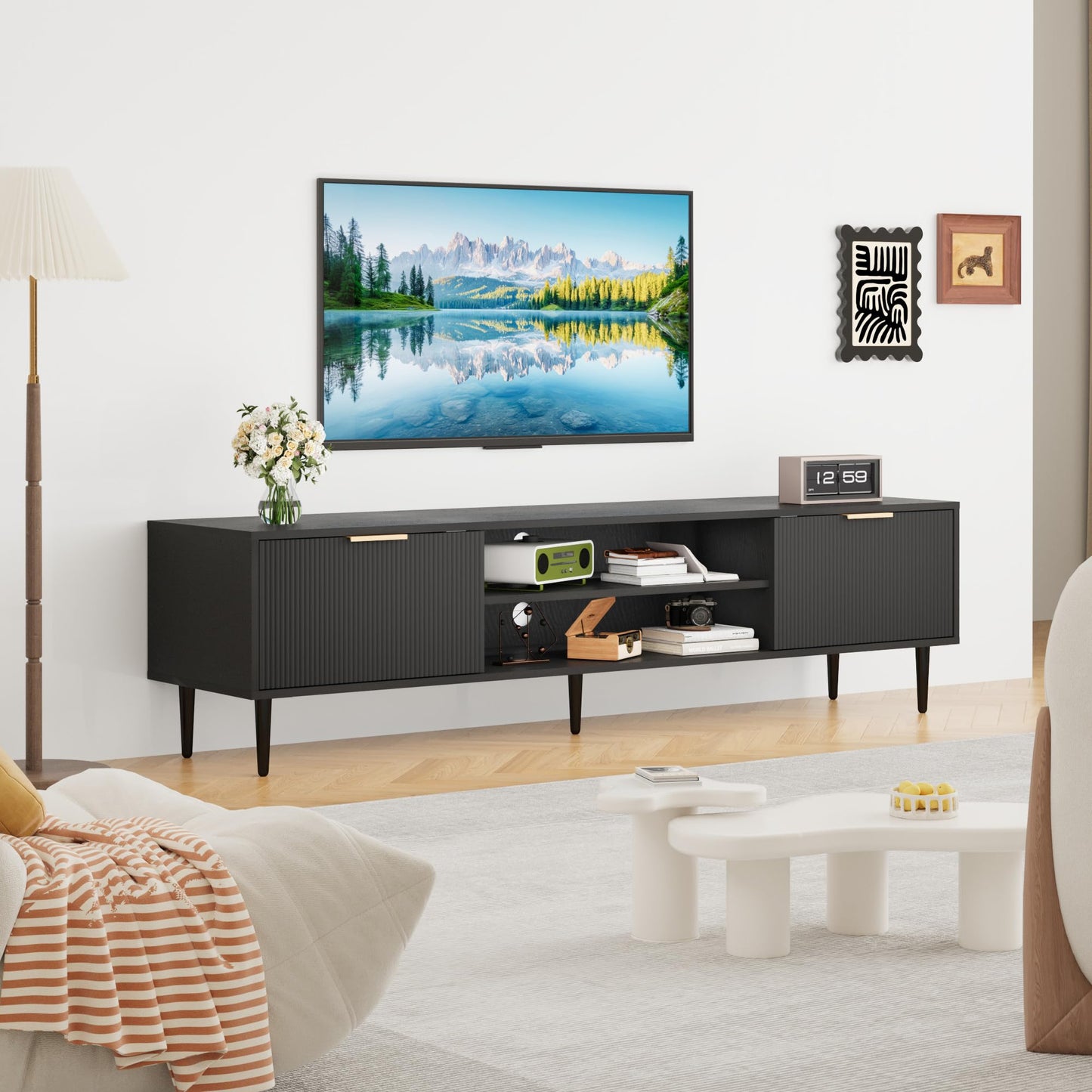 Black TV Stands, Mid Century Modern TV Stand, with 2 Large Storage Cabinets, for TVs Up to 75 in, Black Entertainment Center with Fluted Panel Design, TVs Stands for Living Room, for Bedroom, Office