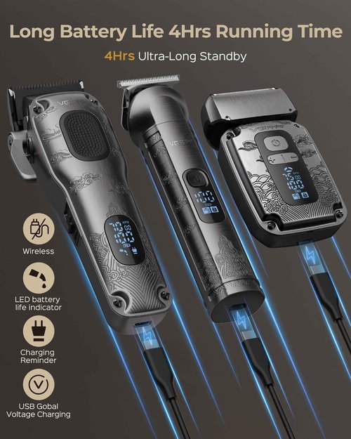 Vgrpro Hair Clippers & Trimmers Set for Men Professional, Waterproof Electric Razor Foil Shaver for Men Face Beard, Cordless for Hair Cutting, 4-Speed Setting, LED Battery Display, Barber or Home Use