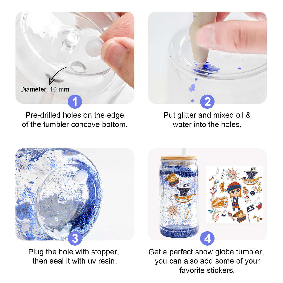 FECBK 4 Pack Acrylic Snow Globe Tumbler with Bamboo Lids and Straws 16 oz Plastic Snowglobe Tumbler with Pre Drilled Hole Clear Double Wall Snowglobe Cups for Snow Globe Glitter DIY