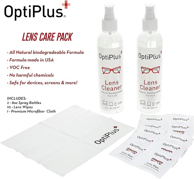 OptiPlus 16oz Lens Cleaning Care Pack | All Natural Eyeglass Cleaning Kit | Eyeglass Cleaner Spray | Lens Wipes | Microfiber Cloth | VOC and Alcohol Free
