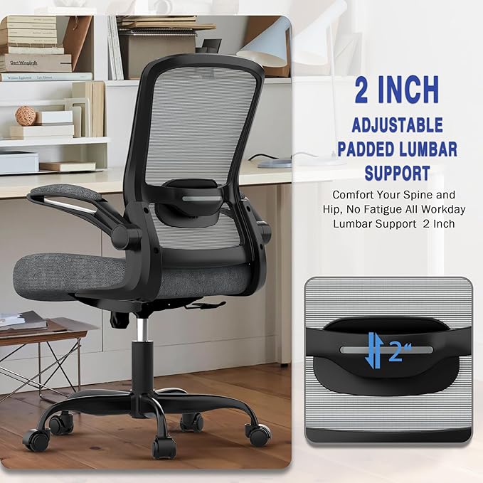 Mimoglad Ergonomic Office Chair - BIFMA Certified, Flip-up Armrests & 135° Recline, Adjustable Lumbar Support - Space-Saving Task Chair for Business/Team Office & Home (Iron Gray, 300lbs)