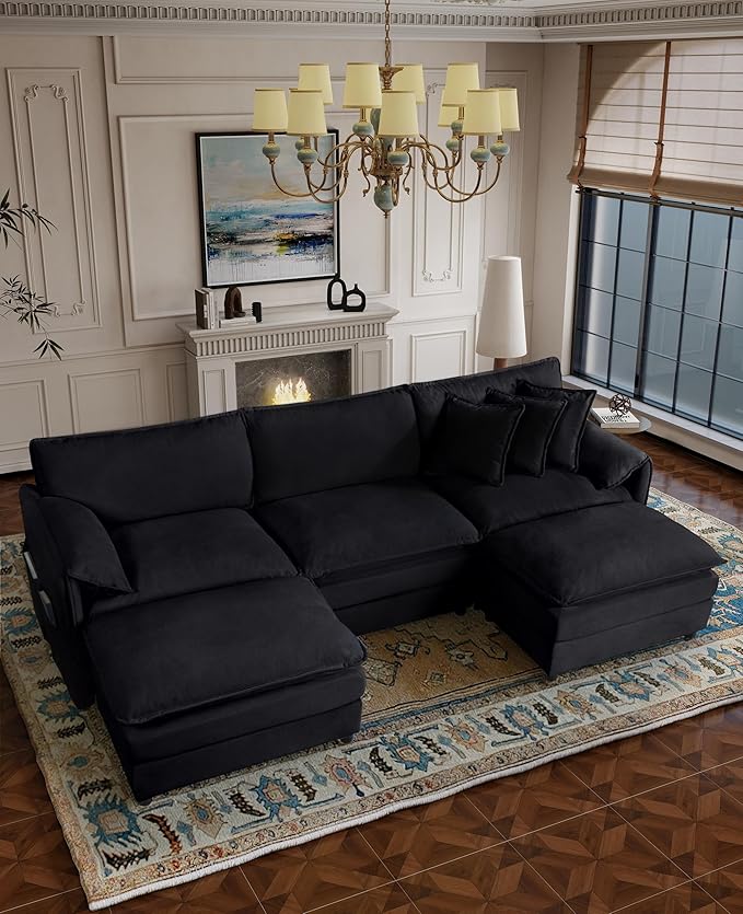 RENDGO 109" Modular Sectional Sofa with 2 Ottoman, Chenille Cloud Couch for Living Room & Apartment, Deep Seat Comfort, Flexible U-Shape Combination Sofa for Home & Office,Black