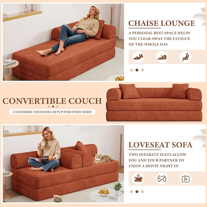 77" Convertible Sofa Bed, Modular Folding Futon Corduroy Floor Foam Compressed Loveseat Sleeper Sofa Couch, Pull Out Queen Size Couch Bed with 2 Pillows for Living Room Guest Room Studio, Orange