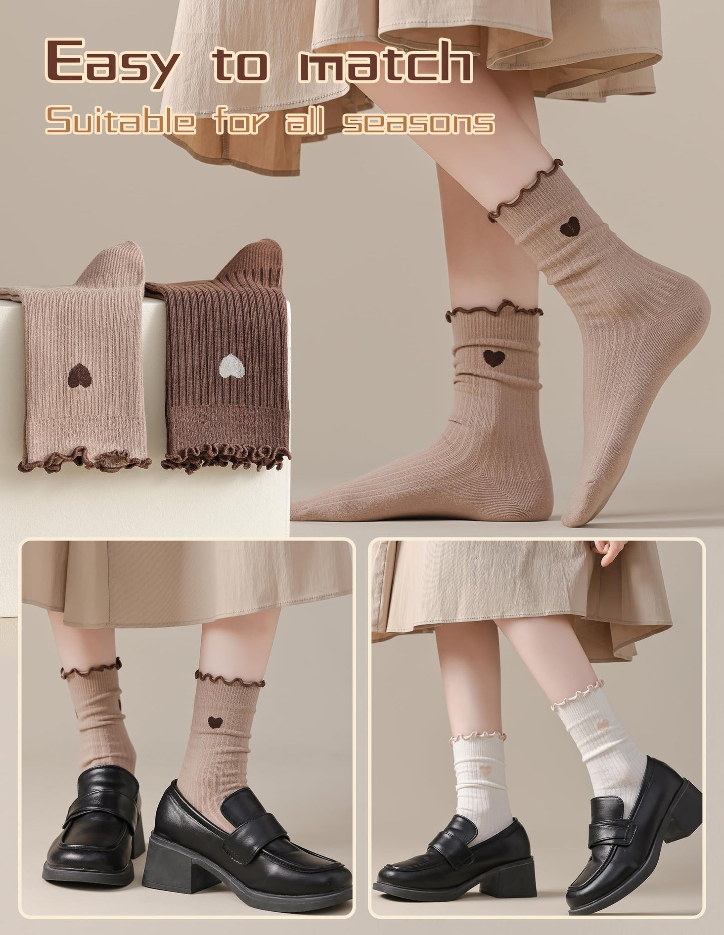AIVEI Ruffle Socks Woman Frilly Cute Cozy Cotton Heart Aesthetic Neutral Dress Boot Crew Ankle Socks 6 Pairs, Gifts for Women Girls Mother