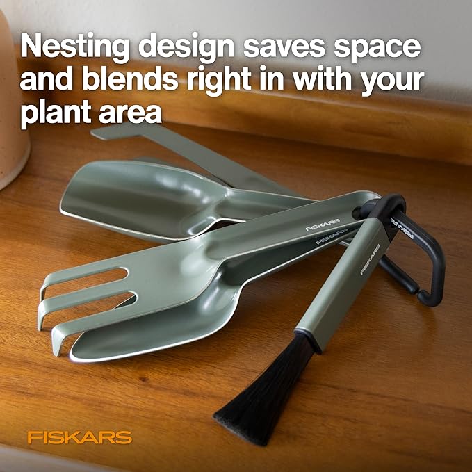 Fiskars 5-Piece Cultivating Tool Set for Indoor Plants – Stainless Steel Scoop, Trowel, Cultivator, Tongs & Brush, Space-Saving Nesting Design for Houseplants, Succulents & Cacti