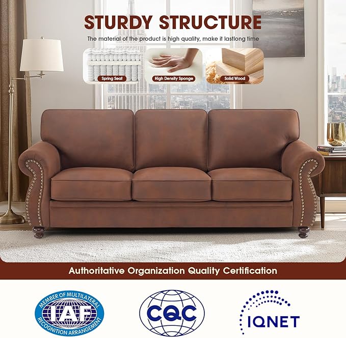 Couchus Mid-Century Vintage Sofa Couches with Rivet Design,3-Seater Sofa,Removable Sofa Cover Upholstered Cushions and Solid Wood Frame (Caramel, 3-Seater)
