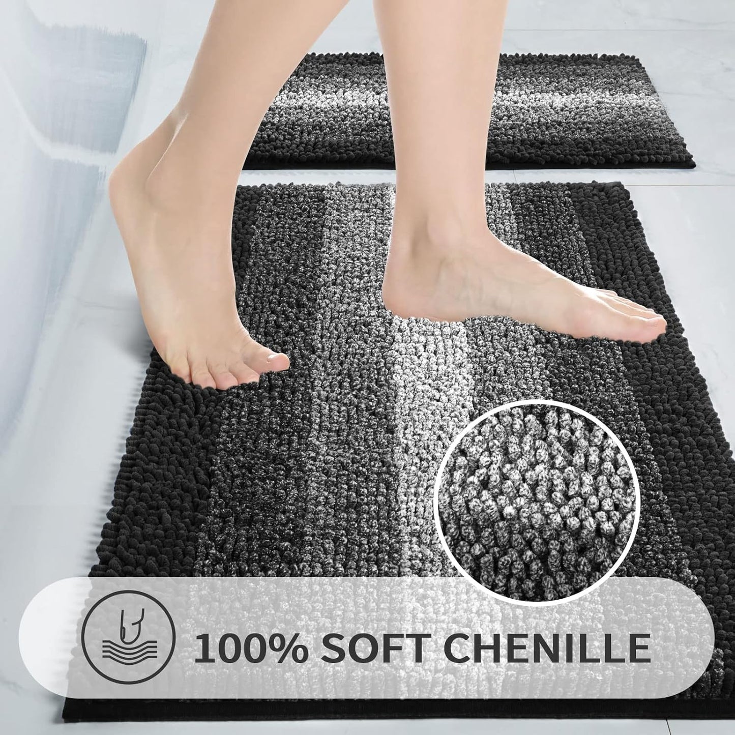 Gibelle Black Bathroom Rugs, Luxury Chenille Bath Mat, Small Non Slip Shower Rug and Bath Room Floor Mats, Machine Washable, Quick Dry Bathmat, Soft Cozy Plush Rug for Tub, 16" x 24"