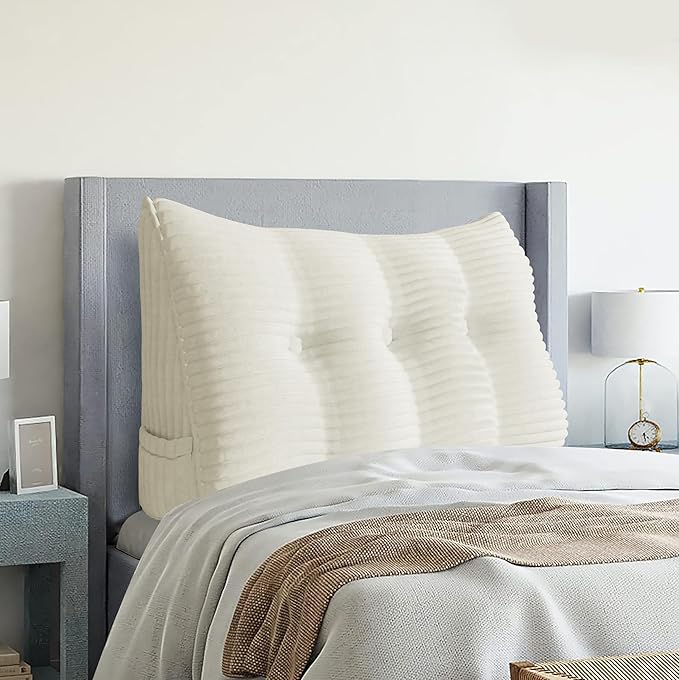 Wedge Headboard Pillow Dorm Room Reading Pillow Back Support for Sitting Up in Bed Bolster Lumbar Cushion Body Positioning Bedrest Corduroy (White, Twin (39 * 8 * 20in))