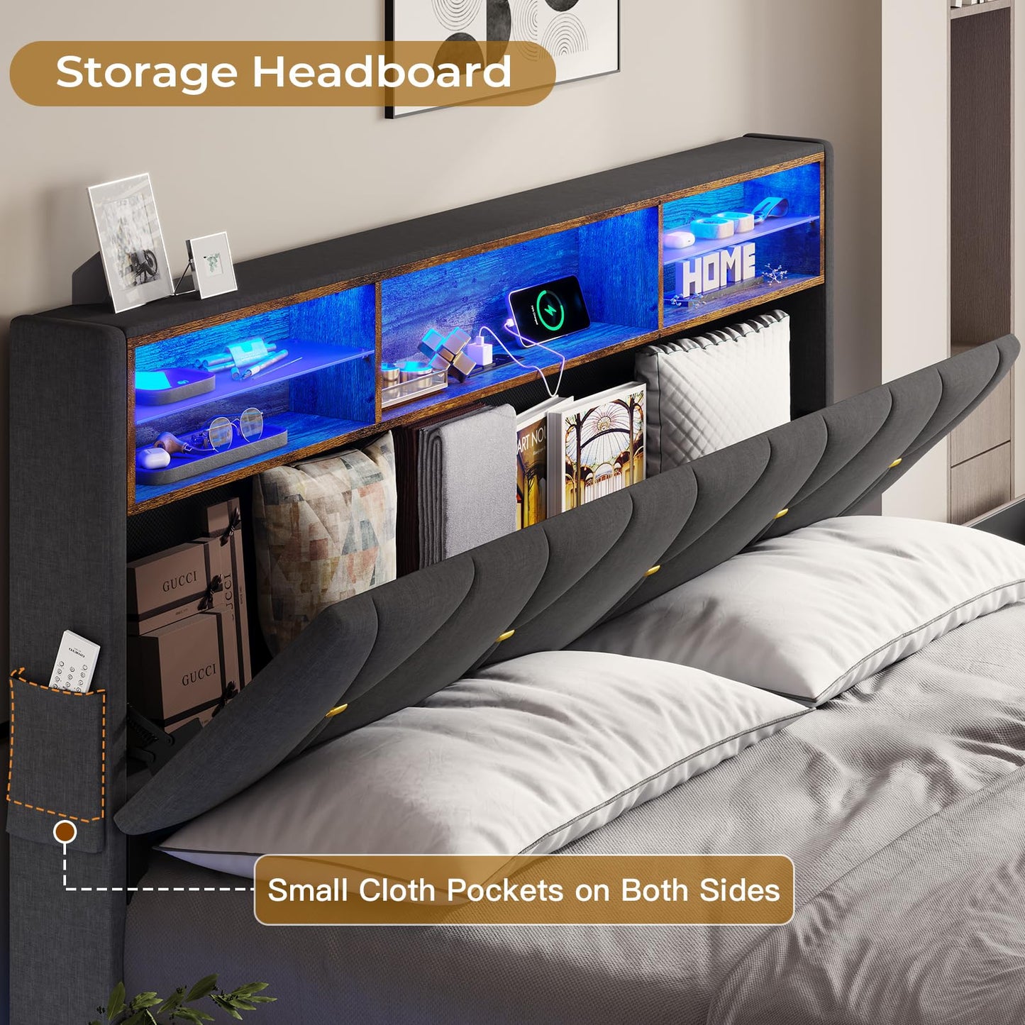 BTHFST Queen Bed Frame with Outlets and USB Ports, LED Bed Frame Queen Size with Storage Headboard, Upholstered Platform Bed with Shelf and LED Lights, No Box Spring Needed, Dark Grey