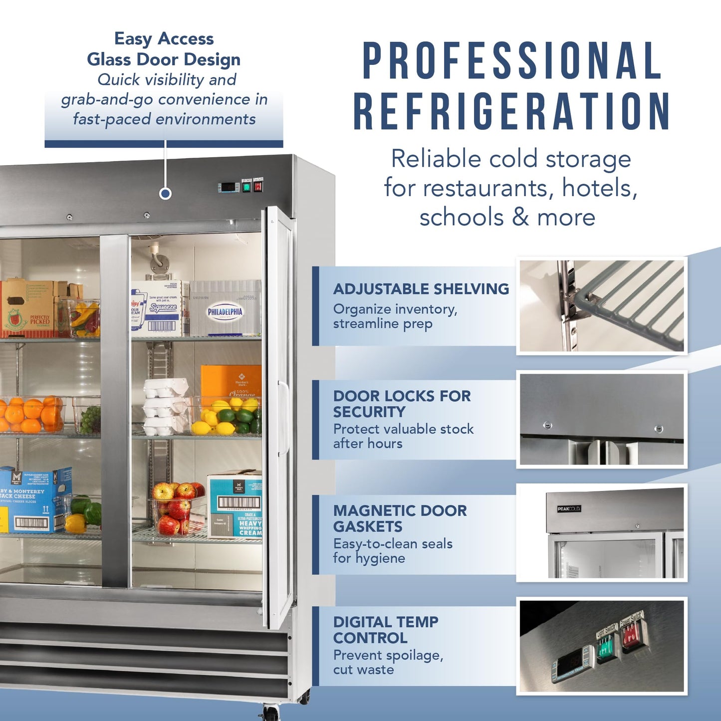 PEAKCOLD Double Glass Door Commercial Refrigerator - 47 Cubic Ft, 54" Wide Stainless Steel Reach-In Commercial Refrigerator with White Internal Lighting - Freestanding Industrial Fridge