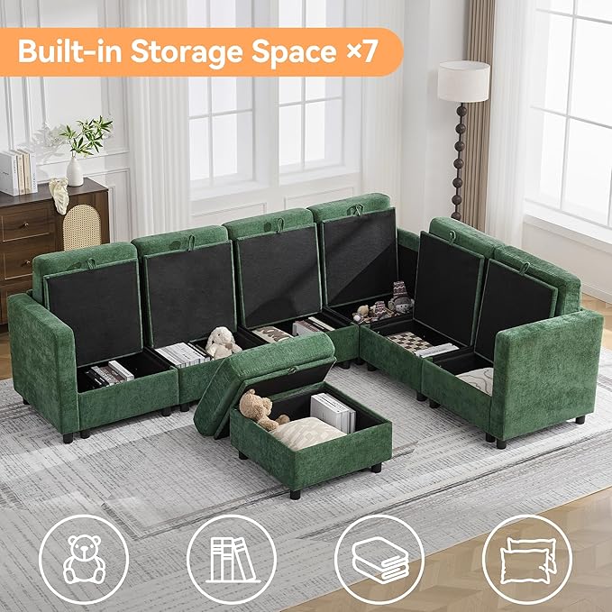 104'' V Shaped Modular Sofa, Sectional Couch with Storage for Living Room, Modern 7 Seater Cloud Sectional Couch with Movable Ottoman, Chenille Dark Green