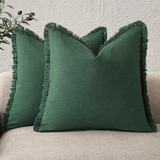 Foindtower Set of 2 Decorative Linen Fringe Throw Pillow Covers Cozy Boho Farmhouse Cushion Cover with Tassels Soft Accent Pillowcase for Couch Sofa Bed Living Room Home Decor, 22×22 Inch, Pine Green