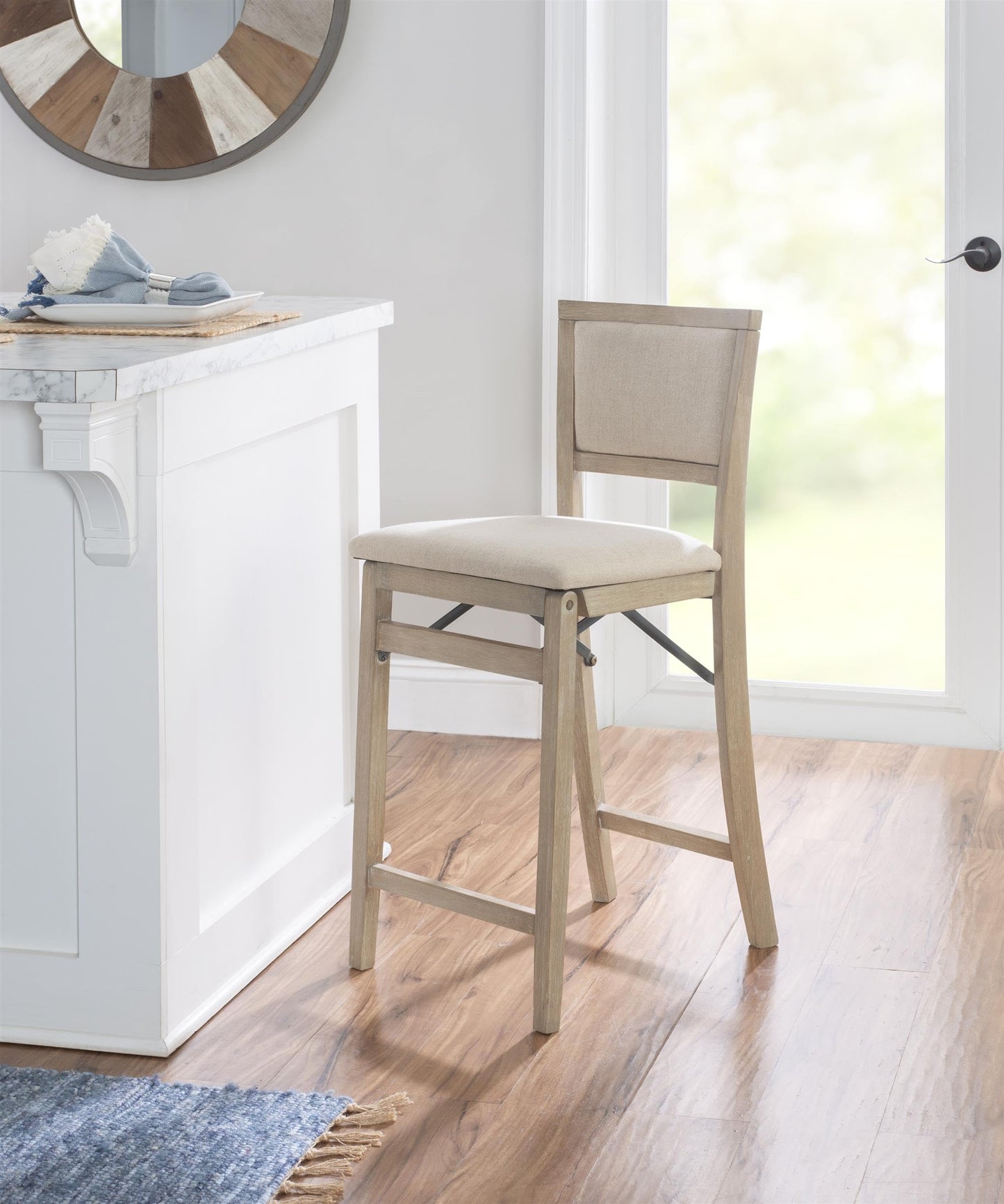 Linon Keira Folding Counter Stool Fabric Padded Back & Seat in Graywash Wood