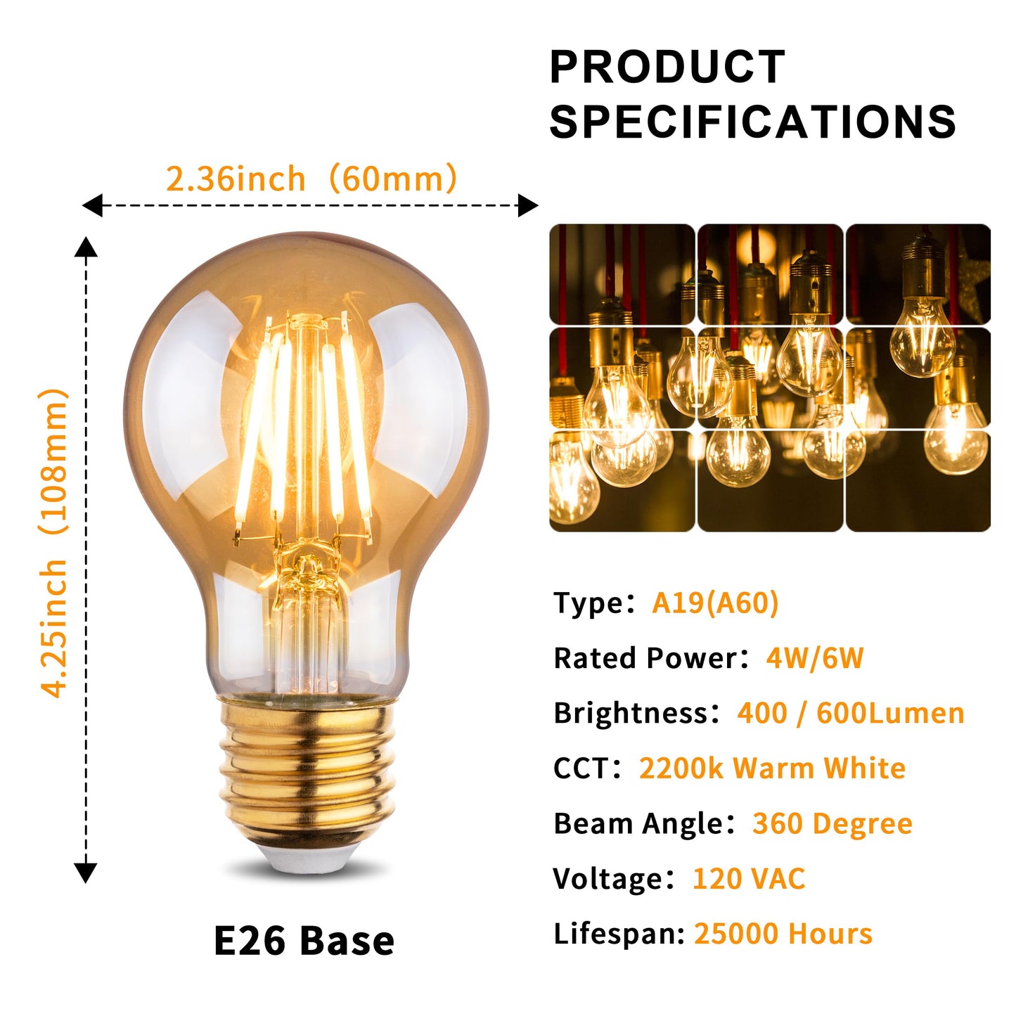 runquiz 2200k Led Light Bulb,Vintage A19 Edison Bulbs,Dimmable Amber Warm White Tone Light Bulb,Antique Led Filament Light Bulbs,Old Style Light Bulbs,40W/60W Equivalent,4 Watt/6 Watt,E26 Base