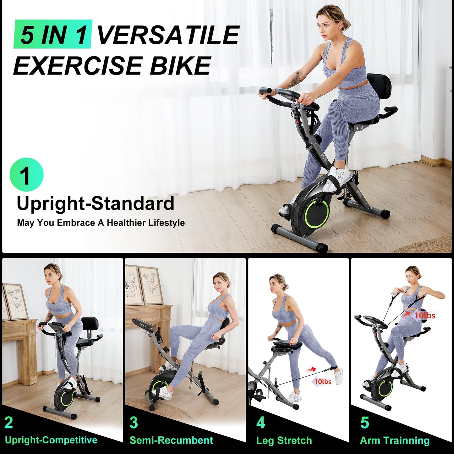 Exercise Bike for Seniors, 5 IN 1 Foldable Stationary Bike with 16-Level Magnetic Resistance and Tri-Position Ride, 300LBS Capacity, Designed for Home Workout