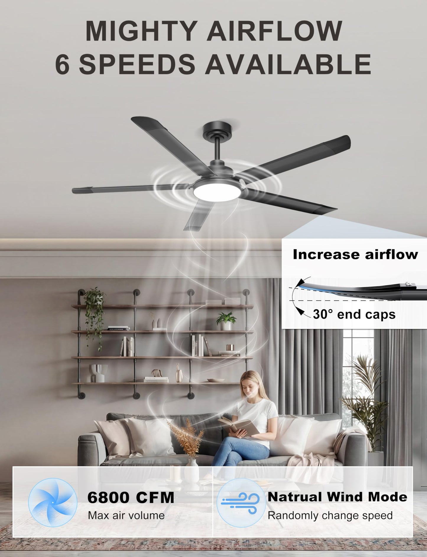 Ohniyou 60'' Ceiling Fan with Lights, Industrial Ceiling Fan with 5 Aluminum Blades, App/Remote Controlled, Dimmable, for Outdoor Patio, Living Room, Black
