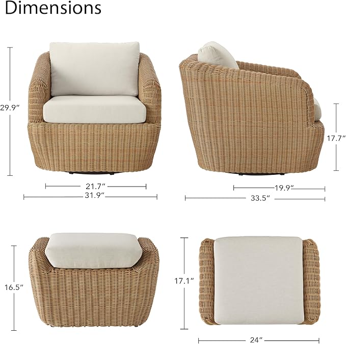 CHITA 2 Pieces Patio Wicker Furniture Set, Outdoor Rattan Chair Set with Removable Thickened Cushions, Fully Assembled(Beige Cushions with Light Brown Wicker)