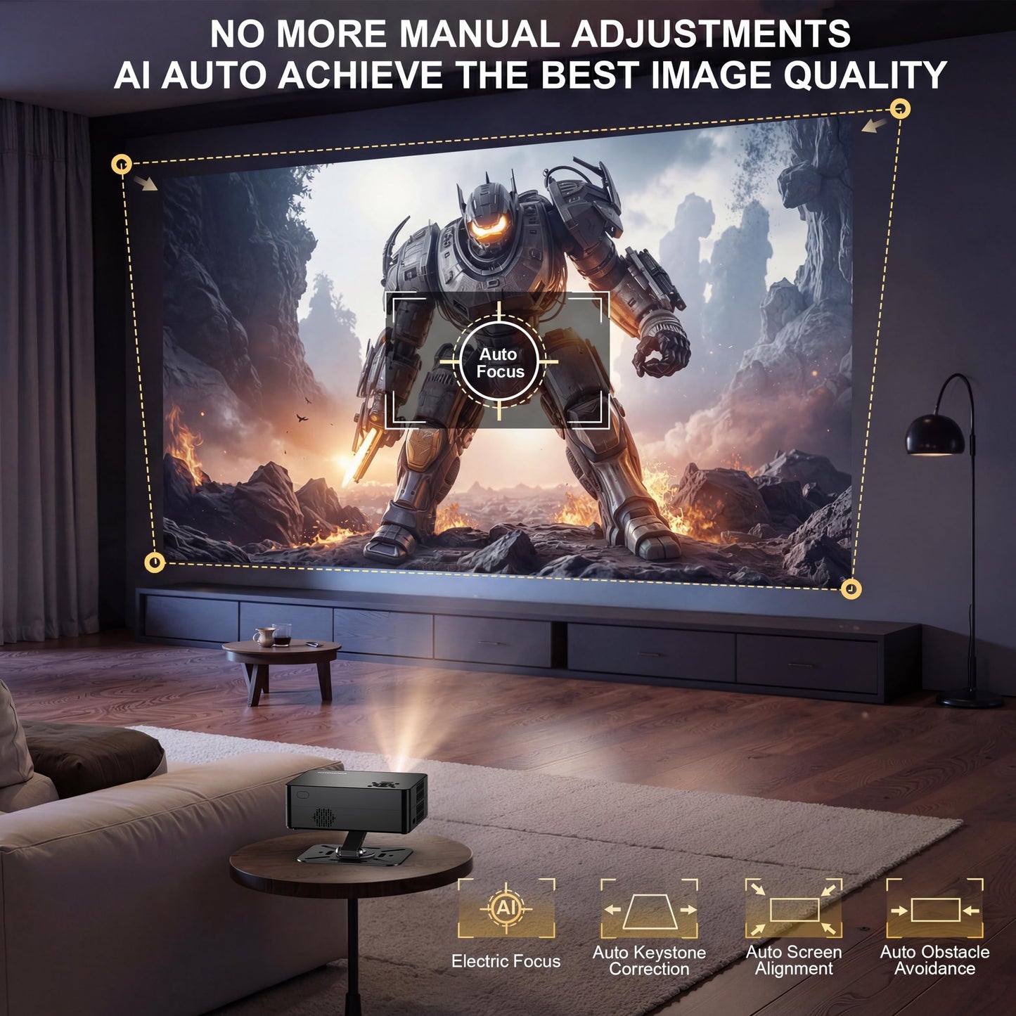 【Compatible with Netflix & 180° Stand】Smart Projector with WiFi and Bluetooth, AI Auto Focus & Keystone Portable Movie Projector, Native 1080P 4K Support Home Theater Outdoor Proyector-Black