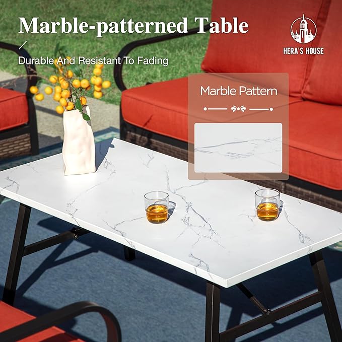 HERA'S HOUSE 4 Piece Metal Patio Furniture Set, All Weather Outdoor Conversation Set with 3 Seat Sofa, 2 Swivel Chairs & Coffee Table, Seats 5 for Backyard, Garden, Deck, Red