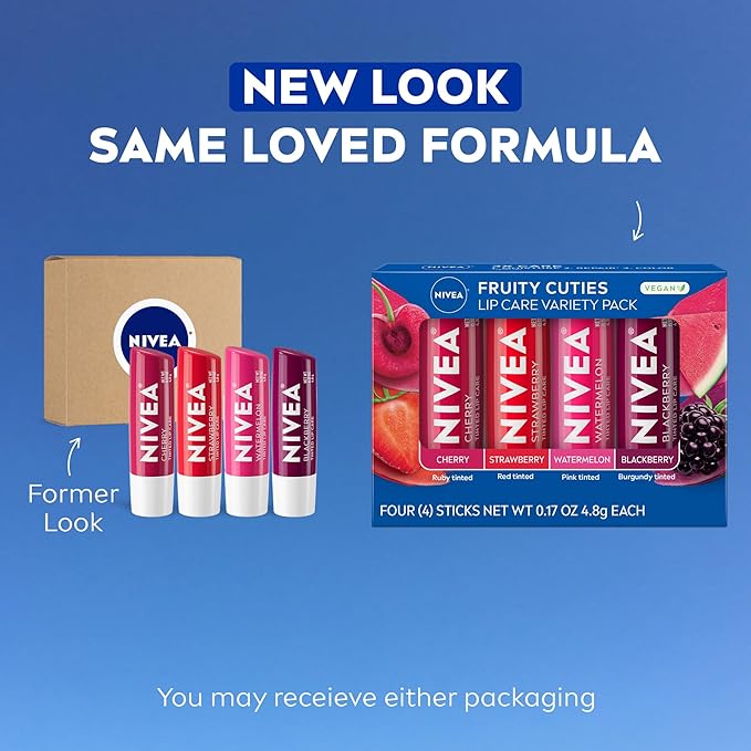 NIVEA Lip Care, Fruity Tinted Lip Balm Variety Pack, Holiday Lip Balm Gifts for Her, With Cherry, Strawberry, Blackberry and Watermelon Flavors, 0.17 Oz Stick, Pack of 4