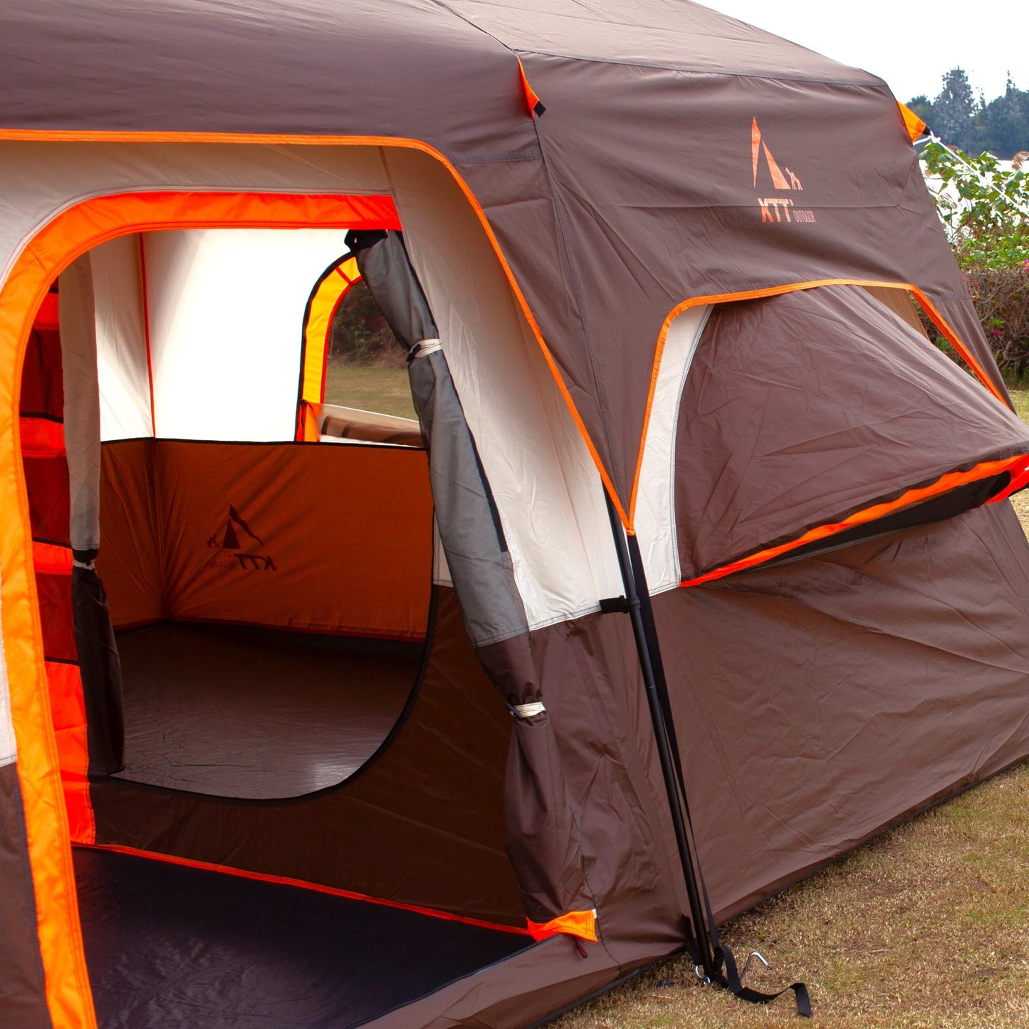 KTT Extra Large Tent 12 Person,2 Bay-Windows,Family Cabin Tents,14'Lx10'Wx6.58'H,2 Rooms and 3 Doors 3 Windows with Mesh,Waterproof,Straight Wall,Big Tent for Outdoor,Picnic,Camping,Gathering(Brown)