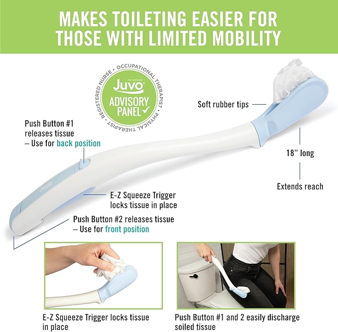 Juvo Toilet Aid - Personal Bottom Wiping Tool, Bathroom Mobility Aid for Disabled, Elderly, and Surgery Recovery - 18" long wand with hygienic cover