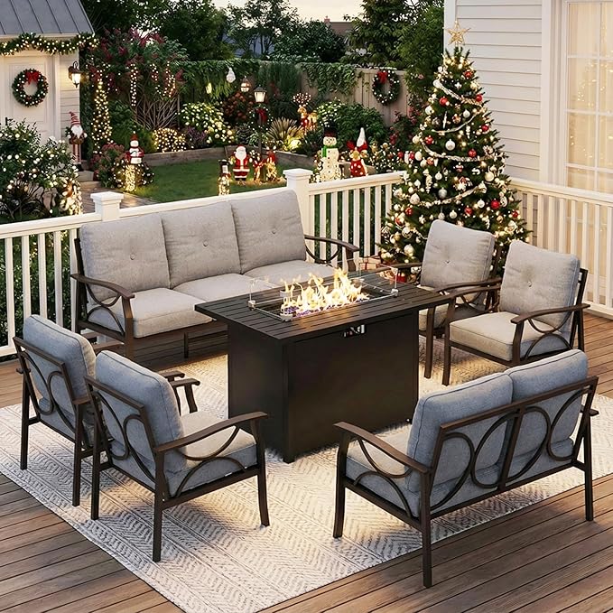 FansaFurn 7-Pieces Outdoor Patio Furniture Set with 43" Fire Pit Table, Metal Outdoor Sectional Furniture with Cushions, Outdoor Conversation Set for Garden, Balcony, Deck, Backyard, Grey