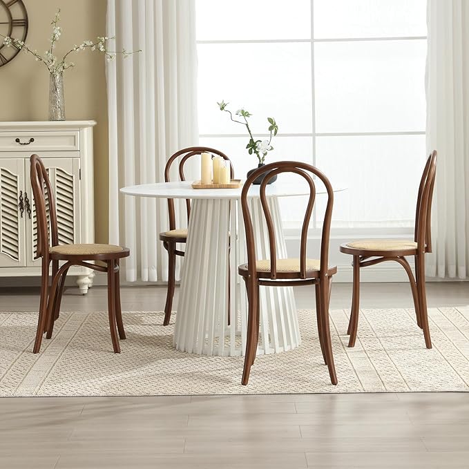 DM Furniture Bentwood Dining Chairs Set of 2 Mid-Century Modern Rattan Kitchen Chair with Backrest, Armless Curved Wood Bistro Chair for Dining/Kitchen Room,Home No Assembly Required, Walnut Wood
