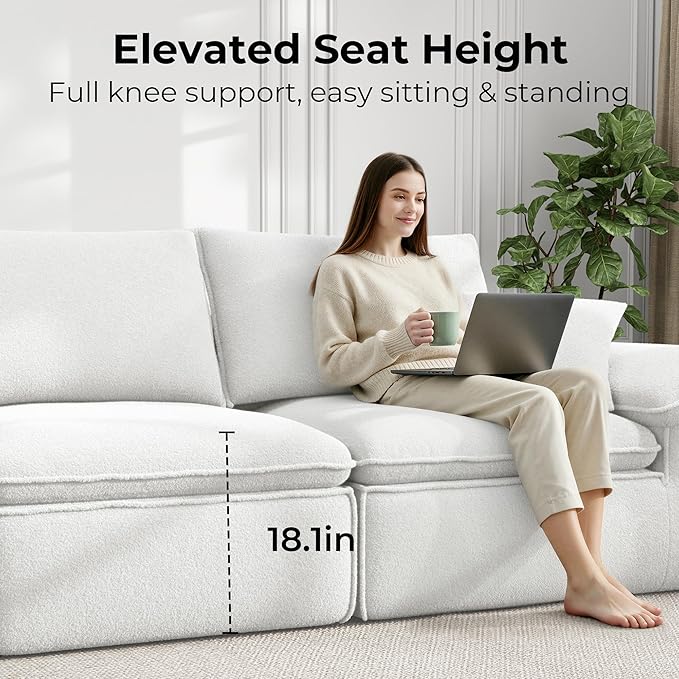 LIKIMIO 120" L-Shaped Modular Sectional Sofa, Cloud Sectional Couch with Deep Seat, Comfy Teddy Upholstery, Oversized 3-Seater with Ottoman, Boneless Couch for Living Room, No Assembly, White