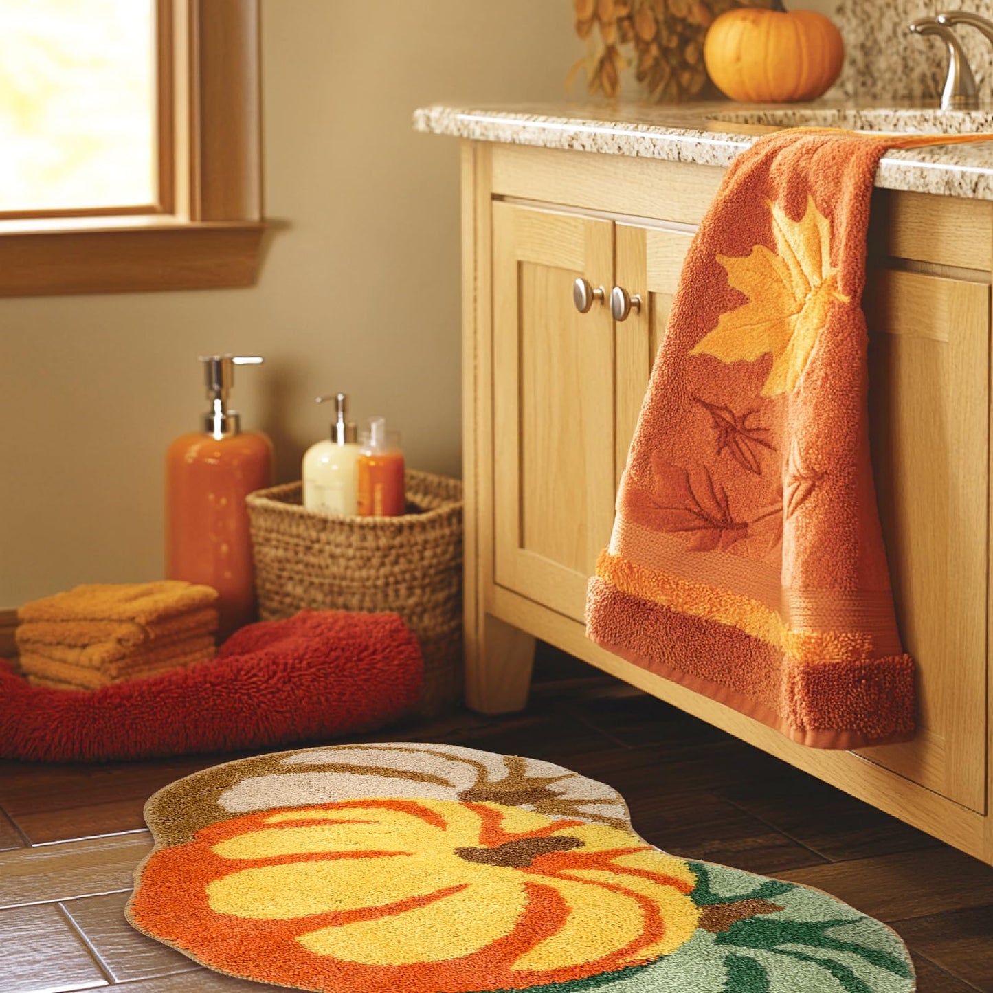 JarThenaAMCS Fall Bathroom Rug Pumpkin Tufted Bath Mat Absorbent Non Slip Shower Rug Front Door Mat for Autumn Harvest Thanksgiving Home Room, 19.7 x 35.4 Inch