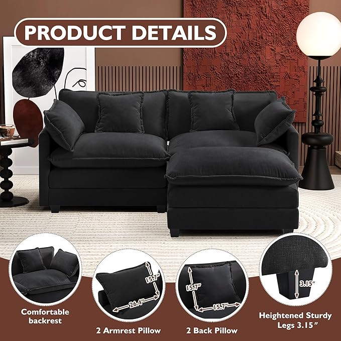 Ihanherry 77" L Shaped Modern Sofa Modular Sectional Cloud Couch with Ottoman, 3-Seat Chenille Deep Seat Sofa with Pillow for Living Room, Bedroom and Apartment, Black