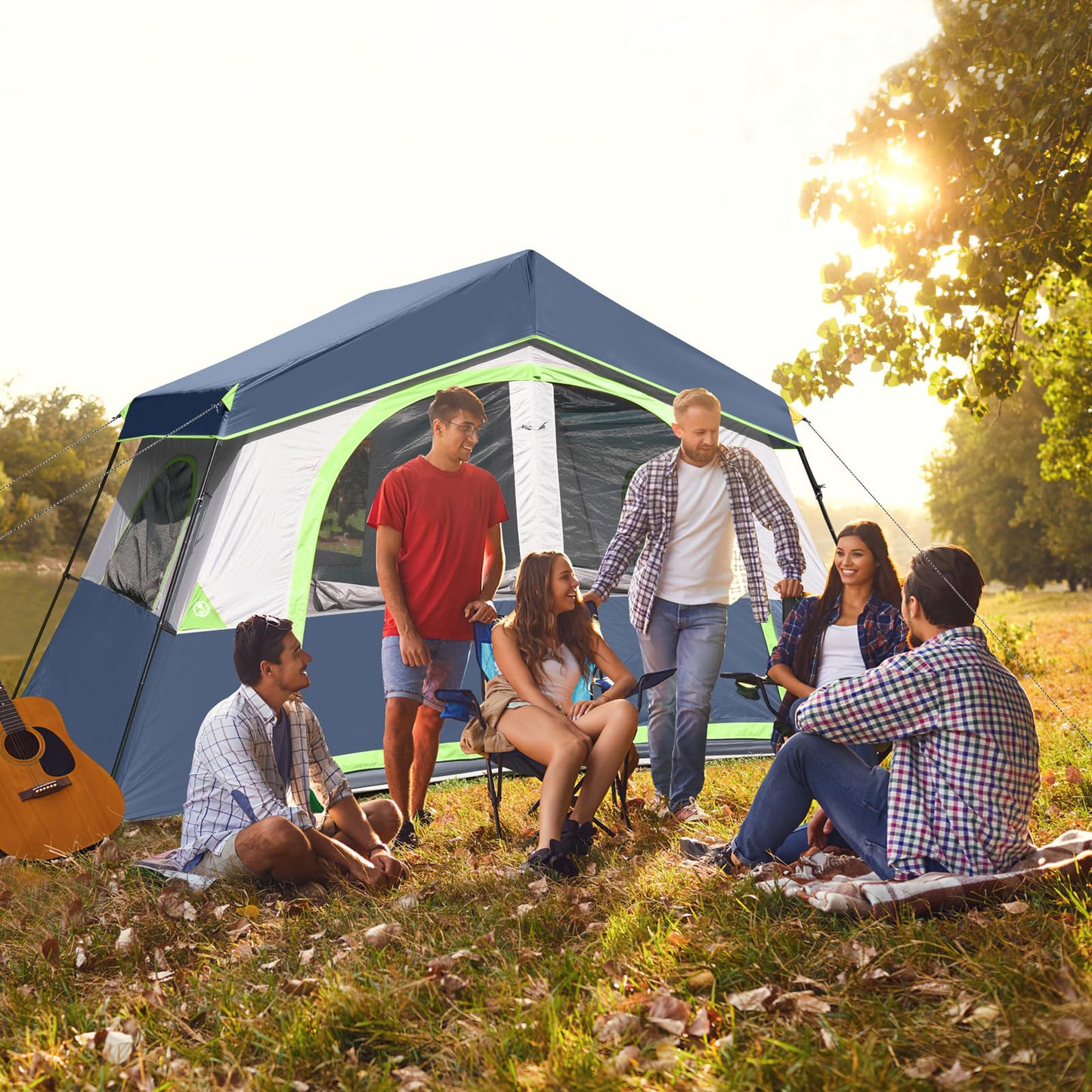 HIKERGARDEN 8 Person Camping Tent - Portable Family Cabin Tent for Camp, Windproof Fabric Camp Tent Outdoor for Hiking, Backpacking, Traveling-12'x9'x80in(H) (Dark Blue)