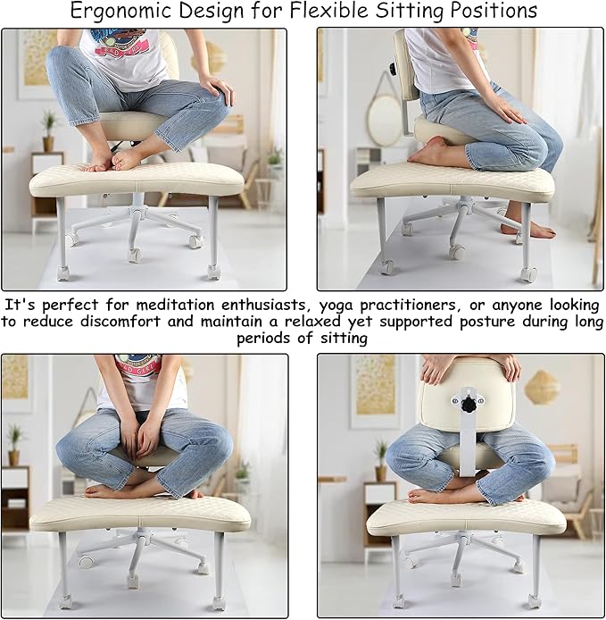 Meditation Chair Cross Legged Chair with Wheels Criss Cross Chair ADHD Desk Chair for Adults with Back Support Wide Squatting Kneeling Chair Adjustable Height for Office, Home, Yoga (White)