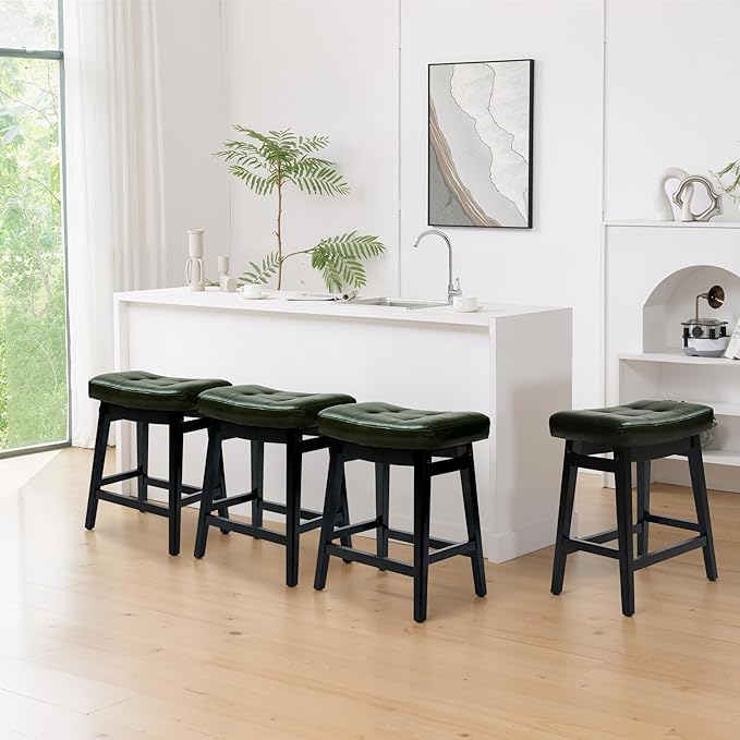 RNKSFX Counter Height Bar Stools Set of 6 for Kitchen Counter Farmhouse Modern Barstools with Faux Leather Upholstered Backless Seat and Solid Wood Legs 24 inch Bar Chairs, Green + Black