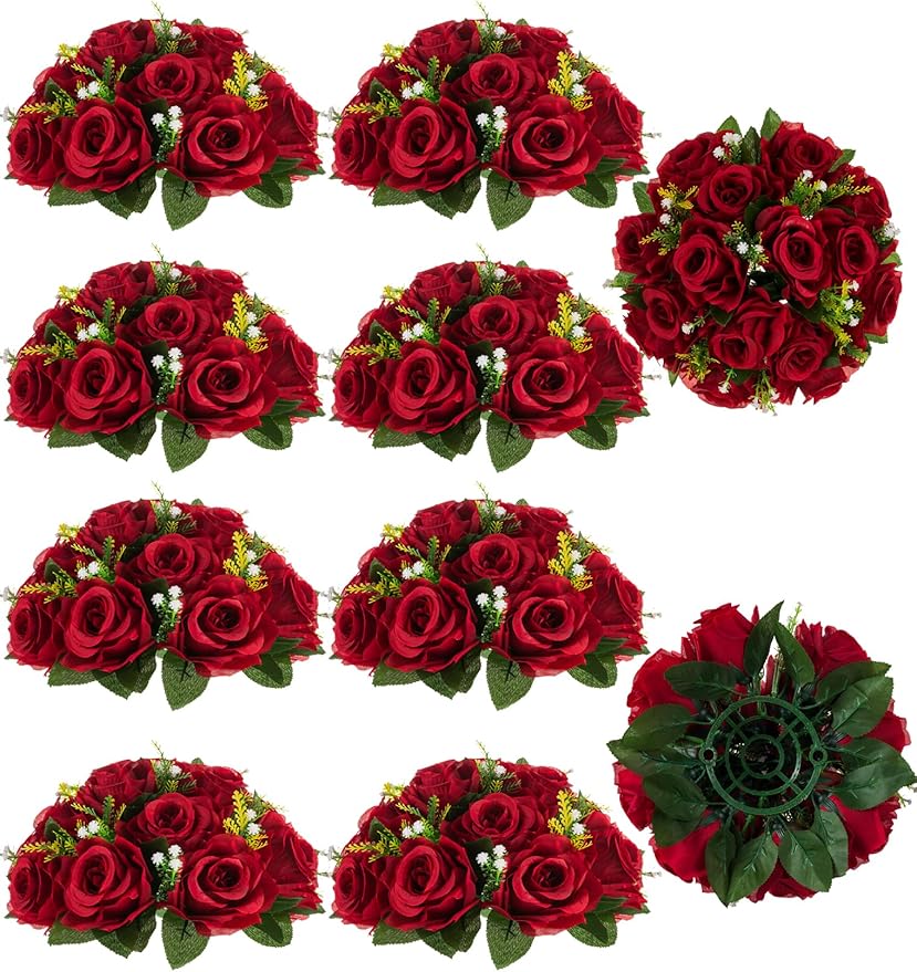BLOSMON Flower Centerpieces for Tables Wedding: 10 Pcs Crimson Red Artificial Rose Flowers Balls Decoration - 9.5 Inch Fak...