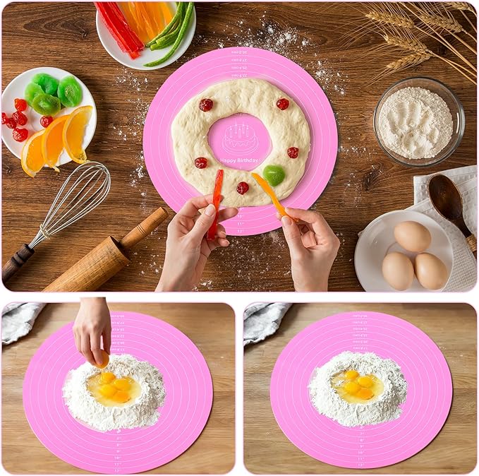 4PCS Silicone Cake Mat Hard Scraper Dough Scraper Silicone Baking Mat with Dough Bowl Scrapers Reusable Cookie Mats Cake Turntable Mats for Pastry Baking Supplies Bake Pizza