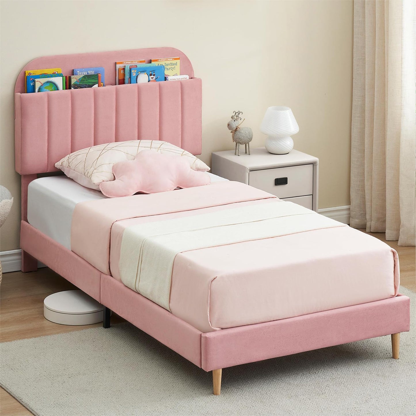 IDEALHOUSE Twin Bed Frames, Upholstered Platform Bed Frame with Bookcase Headboard, Velvet Platform Bed Mattress Foundation, Heavy Duty Steel Support Legs, Easy Assembly, Noise Free, Pink