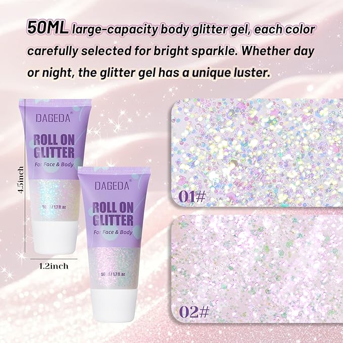 DAGEDA 2 Colors Roll-on Body Glitter, Eye Face Glitter Gel for Festival Outfit Mermaid Accessories,Holographic Color Body Shimmer Makeup Rave Outfits Accessories for Women(01+02)