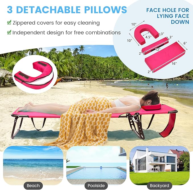 GYMAX Tanning Chair, 350lbs Beach Lounge Chair with Face Hole, Washable Pillow & Carry Strap, Adjustable Folding Chaise Lounge, Layout Lounger for Outside, Patio, Poolside, Lawn (2, Pink)