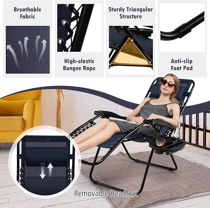 Tangkula Zero Gravity Chair, Folding Patio Lounge Chair Adjustable Outdoor Recliner with Cup Holder, Wide Armrest for Patio Garden Poolside Outdoor Yard Beach, Support 350 lbs (1, Navy Blue)
