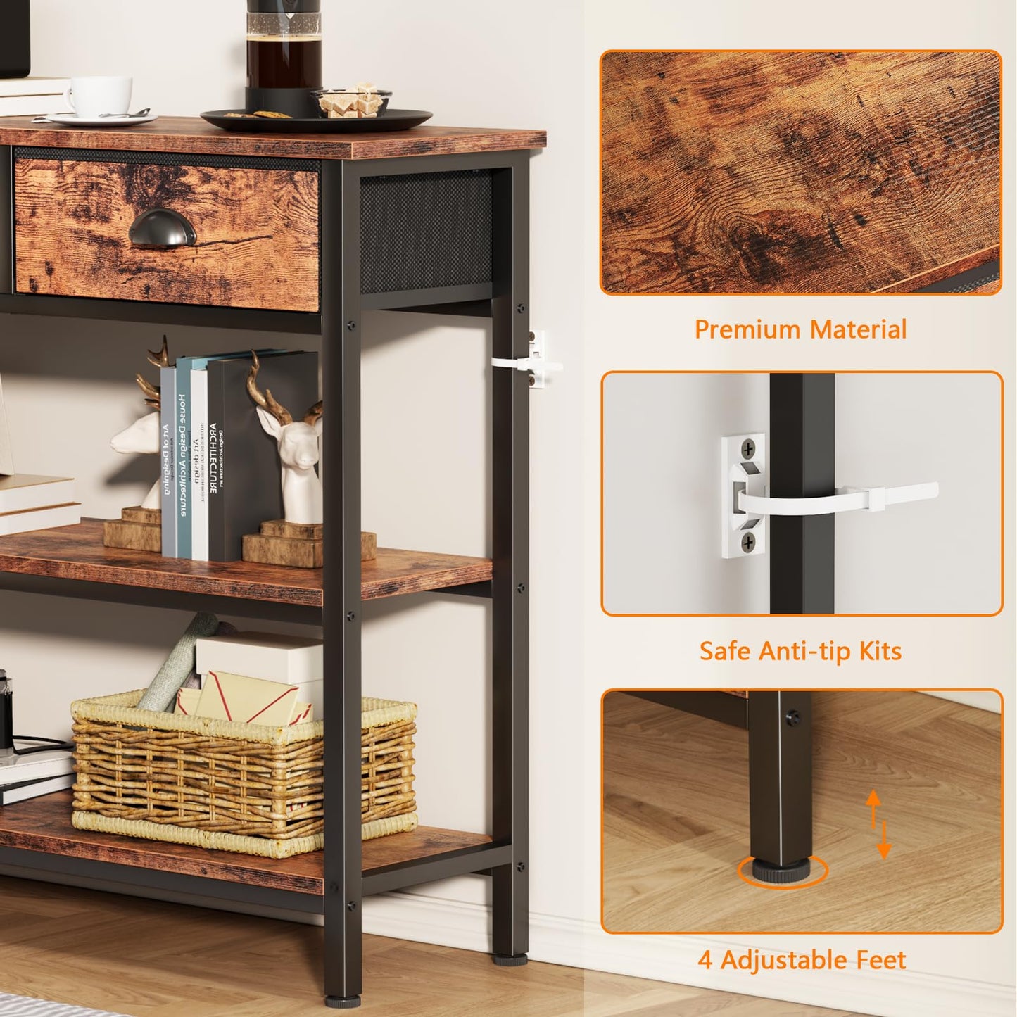 Furologee Long 47" Console Sofa Table with 3 Drawers, Entryway Table with 3-Tier Storage Shelves, Industrial Display Shelf for Entry Way, Hallway, Couch, Living Room, Kitchen, Foyer, Rustic Brown