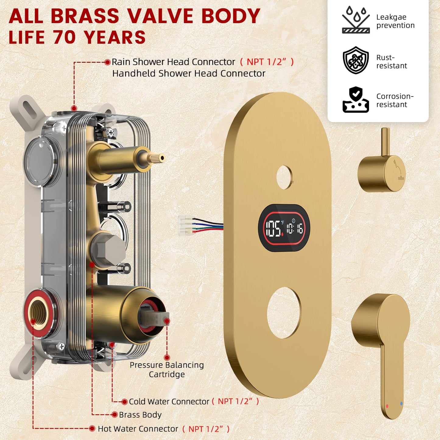 Round Shower Faucet Set with Hydro Power Temperature Display, Shower System Bathroom 10 Inch Shower Head with Handheld Spray, Wall Mounted Shower Fixtures with Shower Valve and Trim Kit, Brushed Gold