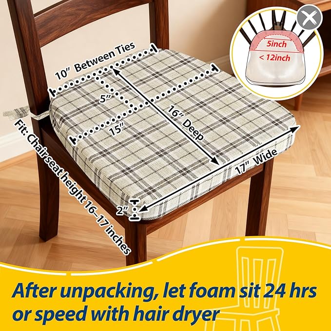 AAAAAcessories D-Shaped Chair Cushions, 2" Thick Dining Chair Pads with Ties and Removable, Machine-Washable Cover, 17" x 16", Set of 2, Yellow Checkered