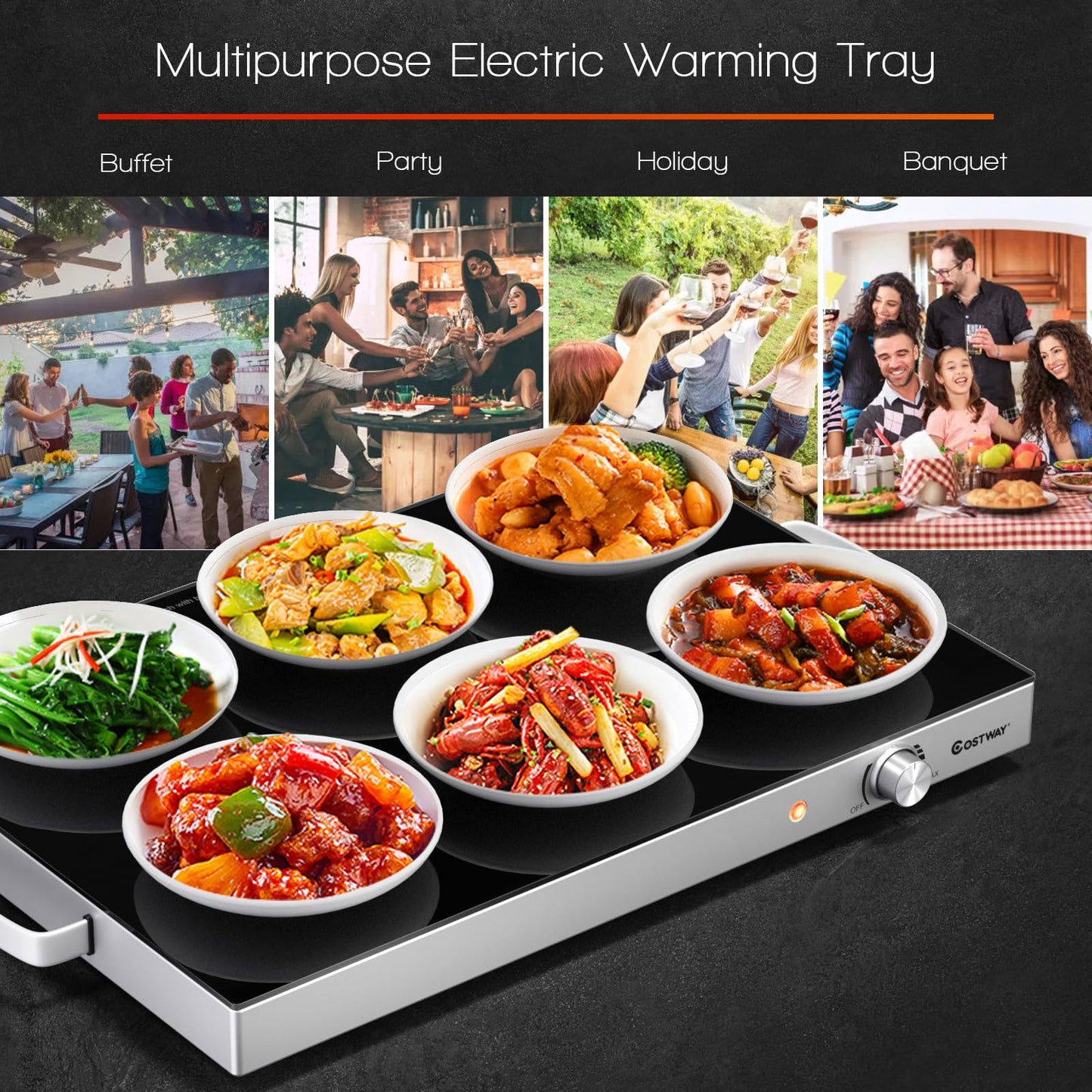COSTWAY Electric Food Warming Tray, 25" x 15" Food Warmer for Parties with Adjustable Temperature Control, ETL Certified, Tempered Glass Surface, Electric Hot Plate for Buffets, Restaurants (2)