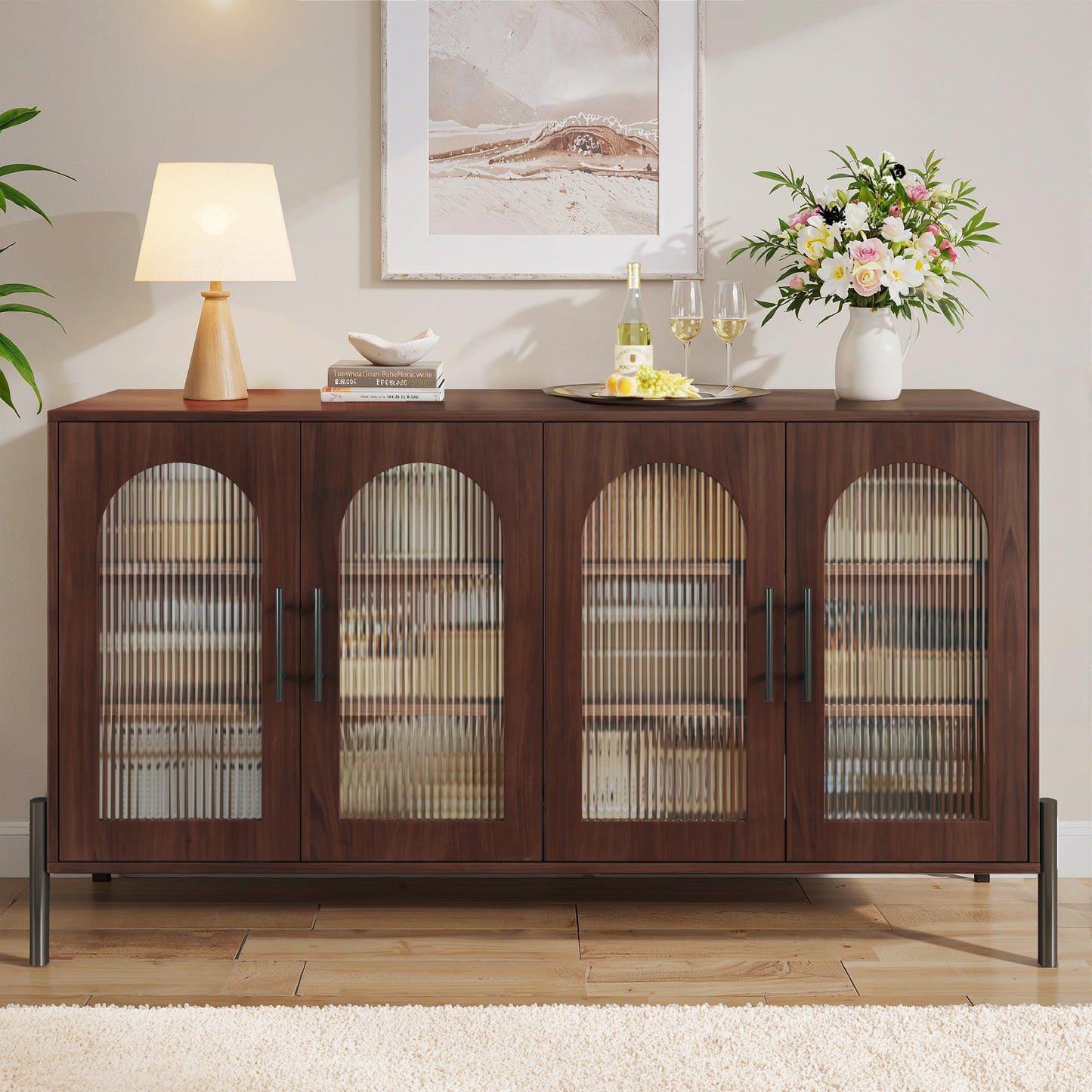 HUAHUU Sideboard Buffet Cabinet with Storage, 55" Modern Sideboard Cabinet with 4 Fluted Arcylic Doors & Adjustable Shelves, Wood Buffet Console Table for Living Room, Kitchen, Dark Walnut