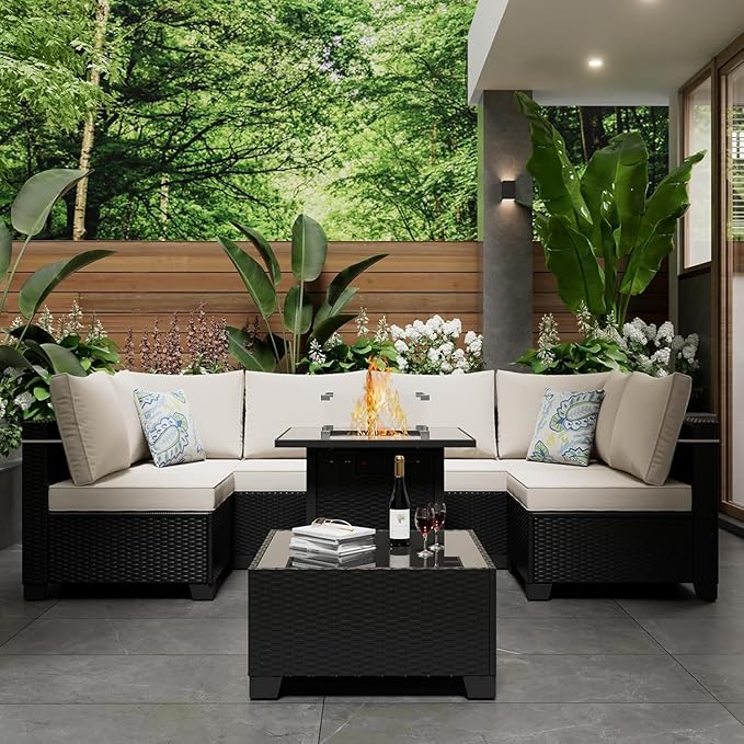 Ophelian 8 Pcs Patio Furniture Set with Fire Pit Table Wicker Outdoor Sectional Sofa, Conversation Set Perfect for Backyard, Garden, Deck (Deep Brown/Beige)